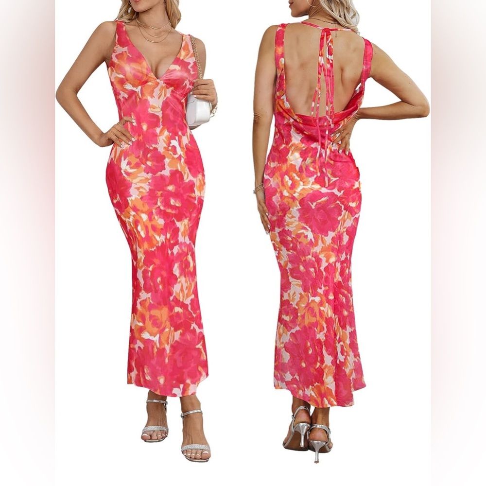 Satin Maxi Dress V-Neck Sleeveless Backless Bodycon Long Mermaid Formal Cocktail